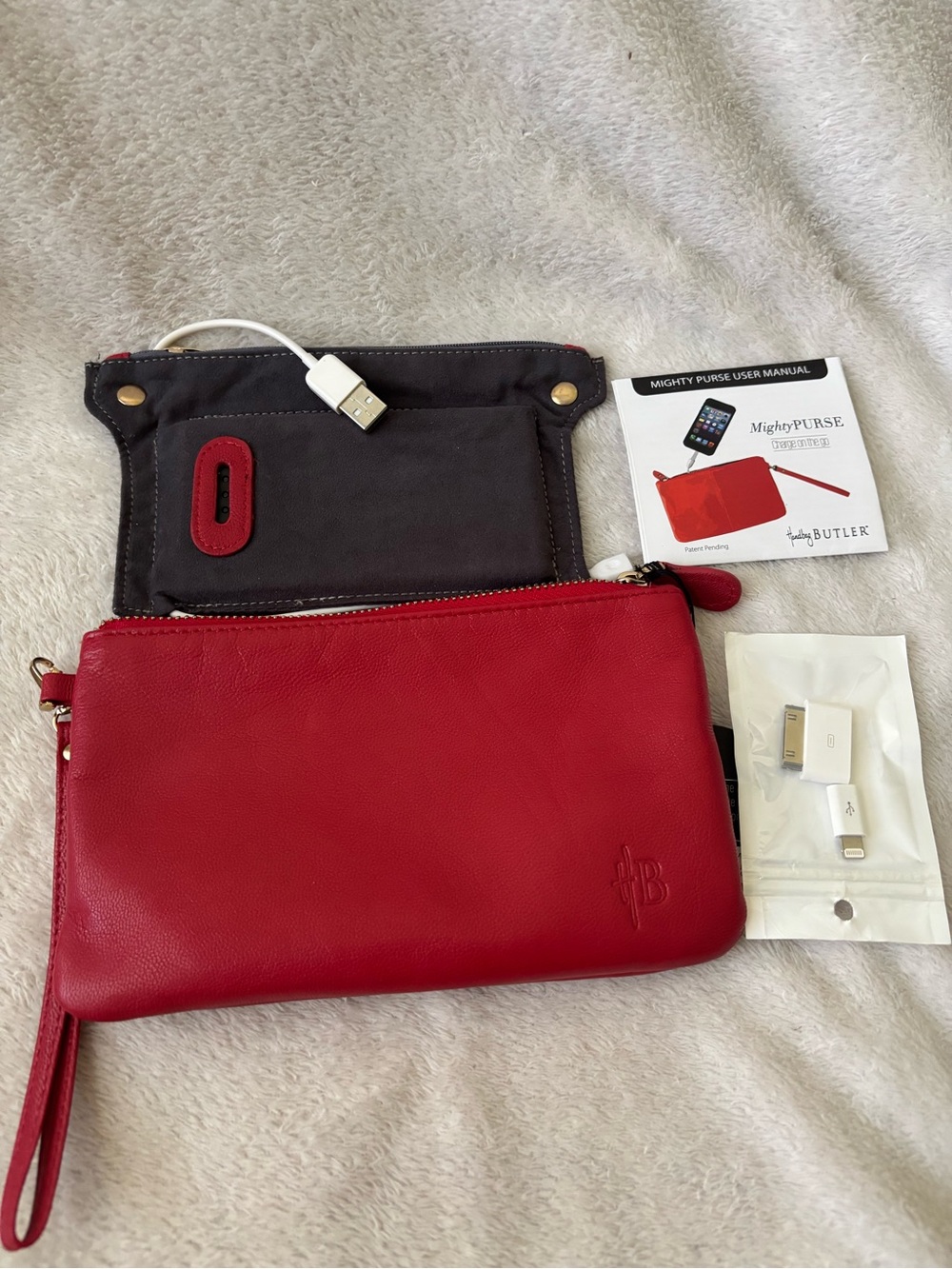 Handbag Butler Red Leather Wristlet with Integrated Charging Cable